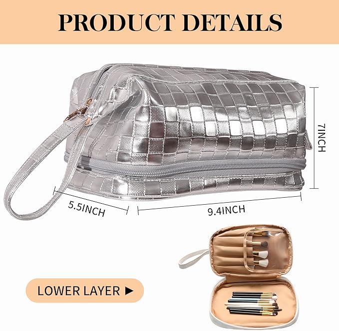 Abiudeng Large Makeup Bag for Women,Travel Makeup Organizer with Brush Holder, Dopp Kit,Waterproof Checkered Cosmetic Bag for Traveling,Multi-Compartment,Essentials,Cute,Spacious Capacity-silvery