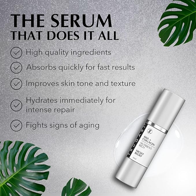TRUGARI Facial Night Serum with AHA + Collagen, Night Serum for Face, Anti Aging Night Serum, Collagen Boost Anti Aging Serum, Nutrient-Rich Night Face Serum with Vitamins C, B, E, Collagen Skin Care