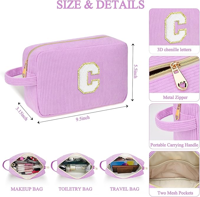 Sernaxi Personalized Initial Makeup Bag Trendy Stuff Corduroy Cosmetic Bag Travel Toiletry Bag, Valentine’s Day Gift Makeup Organizer Case & Makeup Pouch for Women teen Girls Mom Girlfriend Wife
