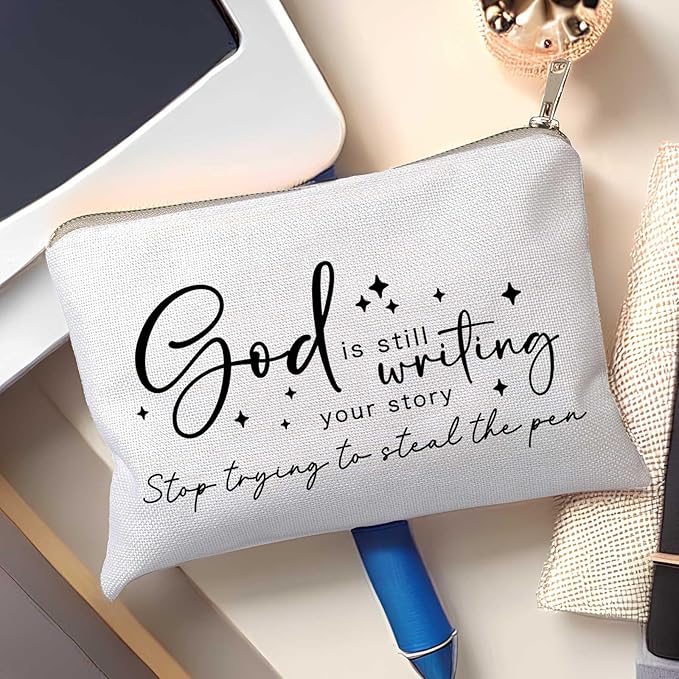 HubbgDesign God is Still Writing Your Story Travel Bag Funny Christian Women of the Bible Makeup Bag Bible Quote Christian Quotes Scripture Makeup Pouch Linen Cotton Bag