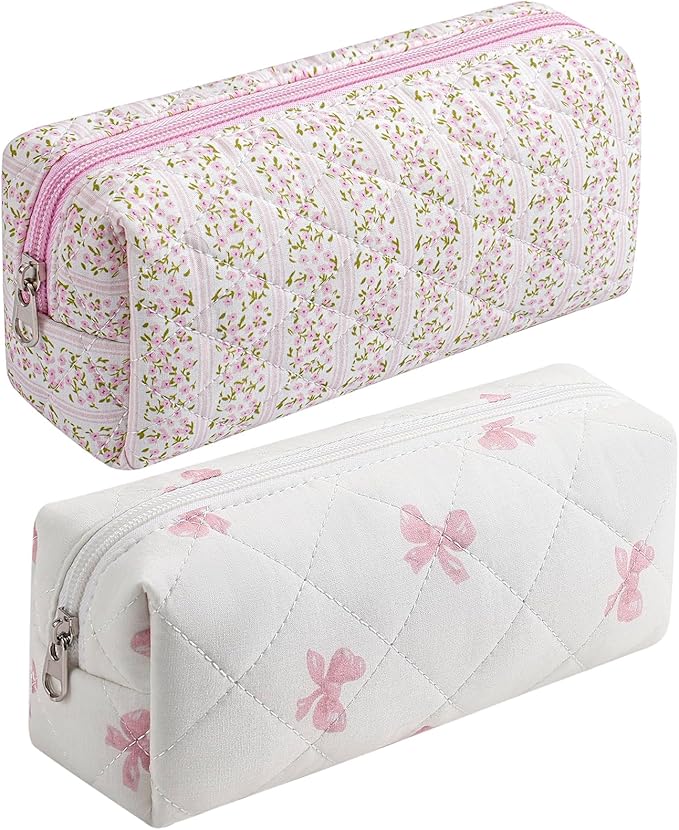 HHQQWZ Cute Floral Cotton Makeup Brush Cosmetic Bag for Women, Travel Quilted Zipper Make Up Bag, Flowers Toiletry Organizer Case Kawaii Makeup Cosmetic Travel Cloth Pouch (Pink+Pink Bow Tie)
