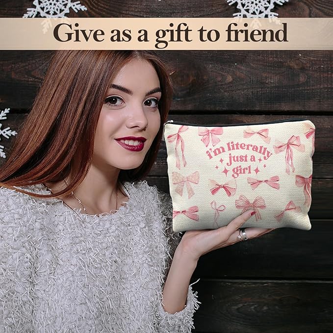 Likjad Coquette Pink Bow Makeup Bag, Preppy Bow Cosmetic Bags for Women, Girly Pink Makeup Pouch, Coquette Stuff, Trendy Preppy Bowknot Zipper Pouch
