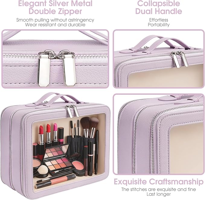 idoltimes Clear Makeup Bag,Large Toiletry Case for Women,PU Leather Travel Cosmetic Bag,Detachable Makeup Case,Double Compartment Make up Organizer