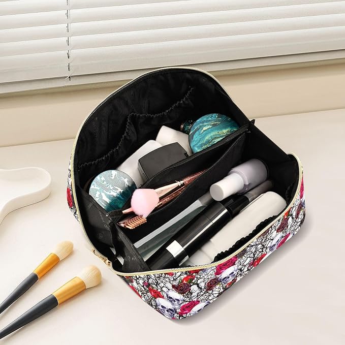 MNSRUU Makeup Organizer Bag, Skulls Rose Flowers Travel Makeup Bags Makeup Vanity Case Large Capacity Rhombus Cosmetic Toiletry Bag for Girl Women Ladies