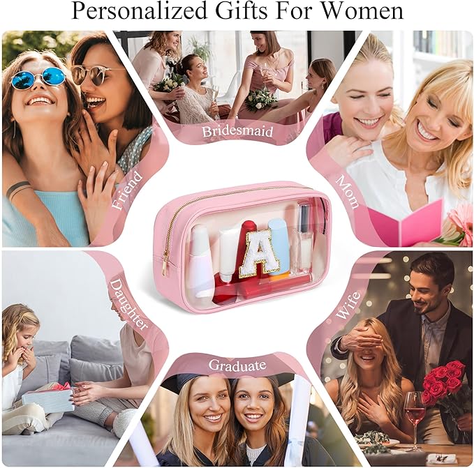 YOOLIFE Initial Birthday Gifts for Women Girl Teacher Appreciation Gifts for Teacher Women Birthday Gift for Kids Girls | Clear Makeup Bag Initial Pouch Travel Toiletry Bag | Cosmetic Bags Pink M