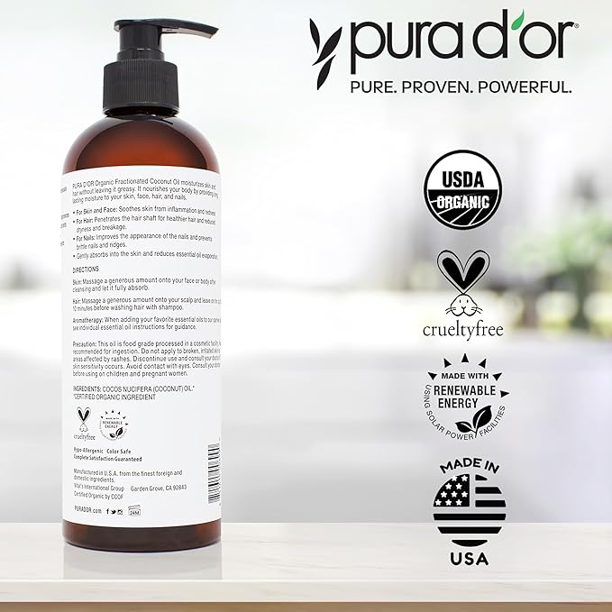 PURA D'OR ORGANIC Fractionated Coconut Oil MCT Oil (16 Oz) 100% Pure & Natural USDA Certified