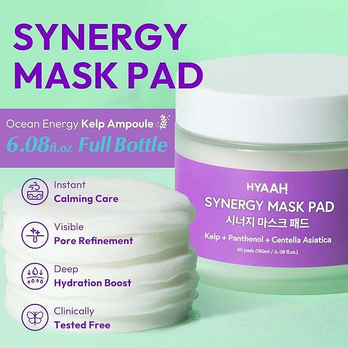HYAAH Synergy Mask Pad - Korean Face Toner Pads with Kelp Seaweed Extract, Cica, Panthenol and Ectoin - Calming, Hydrating, Pore Refining - Soft Cotton Pad for Sensitive Skin, 60 Pads