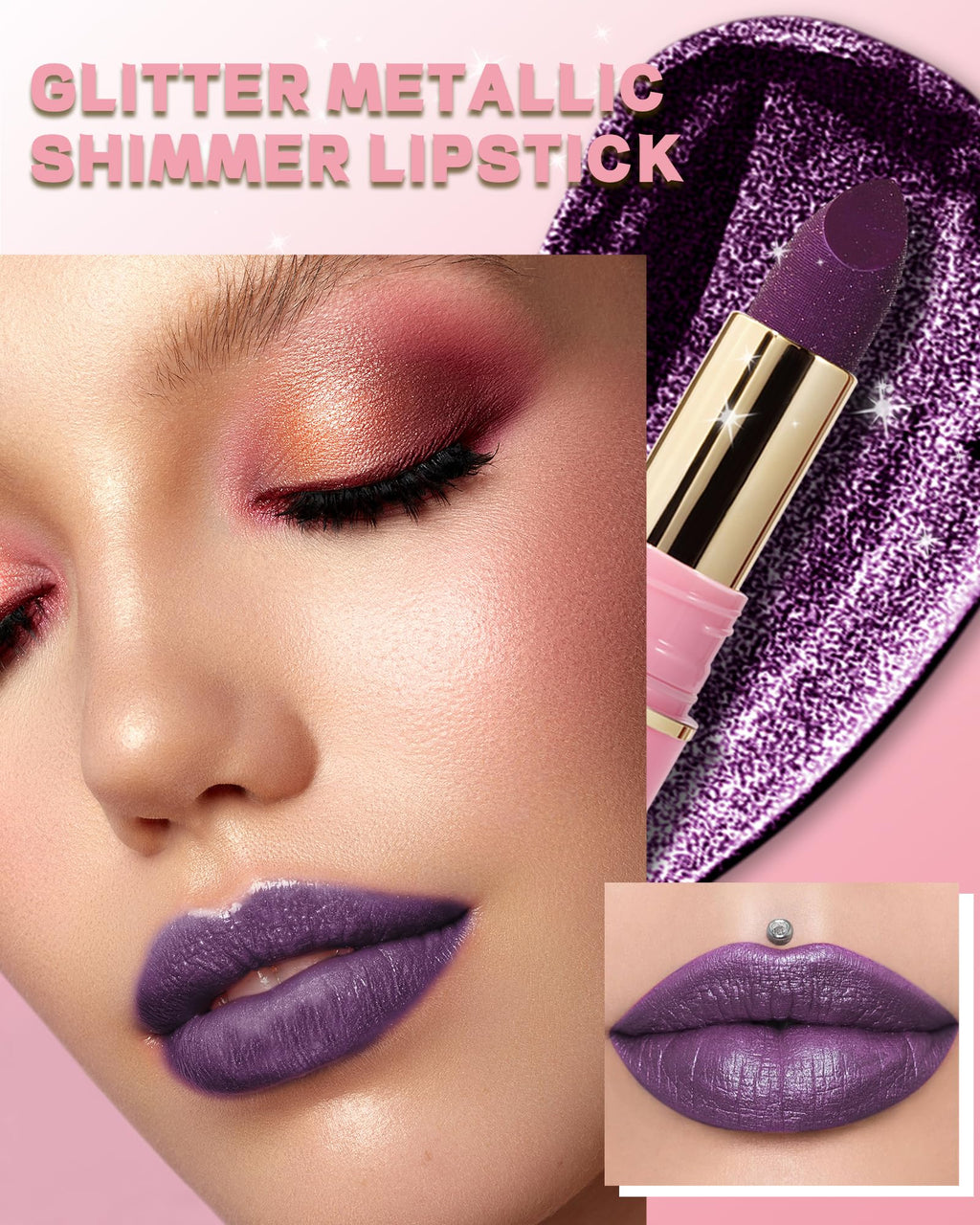 Glitter Metallic Purple Nude Shimmer Lipstick Long Lasting, Glitter Diamond Shine Red Lipstick Transfer Proof Non-Stick Lip Gloss Shimmer Highly Pigmented Full Coverage Lip Makeup for Women-07