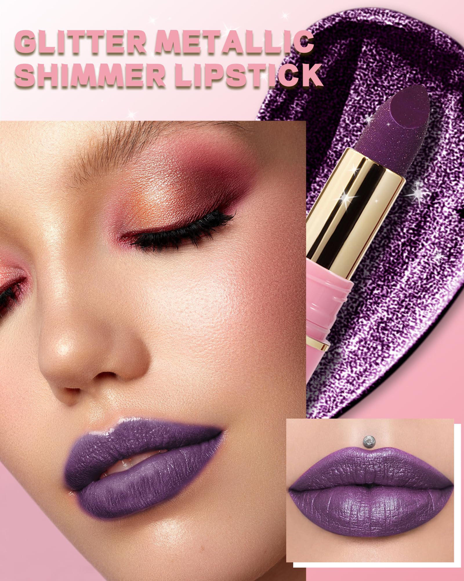 Glitter Metallic Purple Nude Shimmer Lipstick Long Lasting, Glitter Diamond Shine Red Lipstick Transfer Proof Non-Stick Lip Gloss Shimmer Highly Pigmented Full Coverage Lip Makeup for Women-07