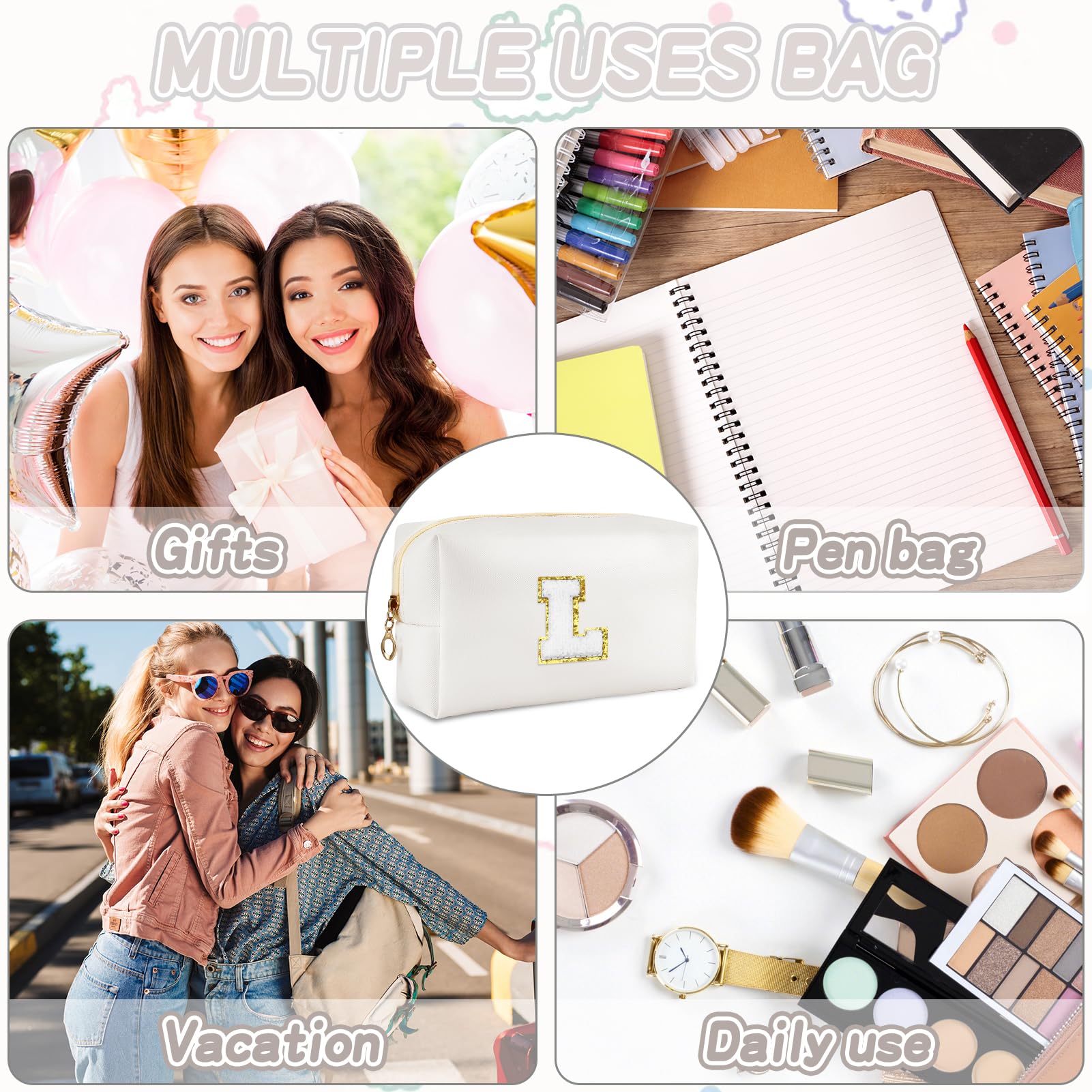 URSKYTOUS Gifts for Girls Initial Makeup Bag Personalized Cosmetic Bag with Zipper Cute Travel Toiletry Bags Waterproof PU Preppy Makeup Pouch Birthday Gift for Teen Girls Women(White L)