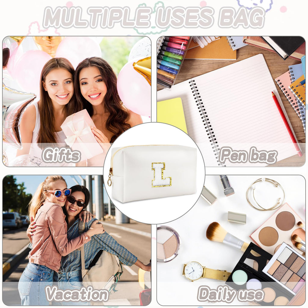 URSKYTOUS Gifts for Girls Initial Makeup Bag Personalized Cosmetic Bag with Zipper Cute Travel Toiletry Bags Waterproof PU Preppy Makeup Pouch Birthday Gift for Teen Girls Women(White L)