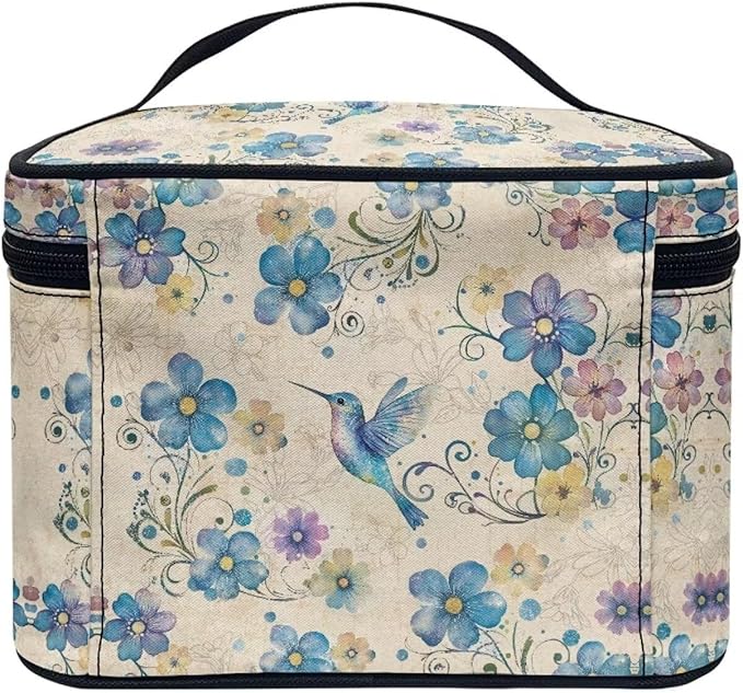 Drydeepin Blue Hummingbird Floral Pattern Travel Makeup Bags for Women Portable Tote Cosmetic Case with Carry Handle Toiletry Accessories Storage Organizer Bags