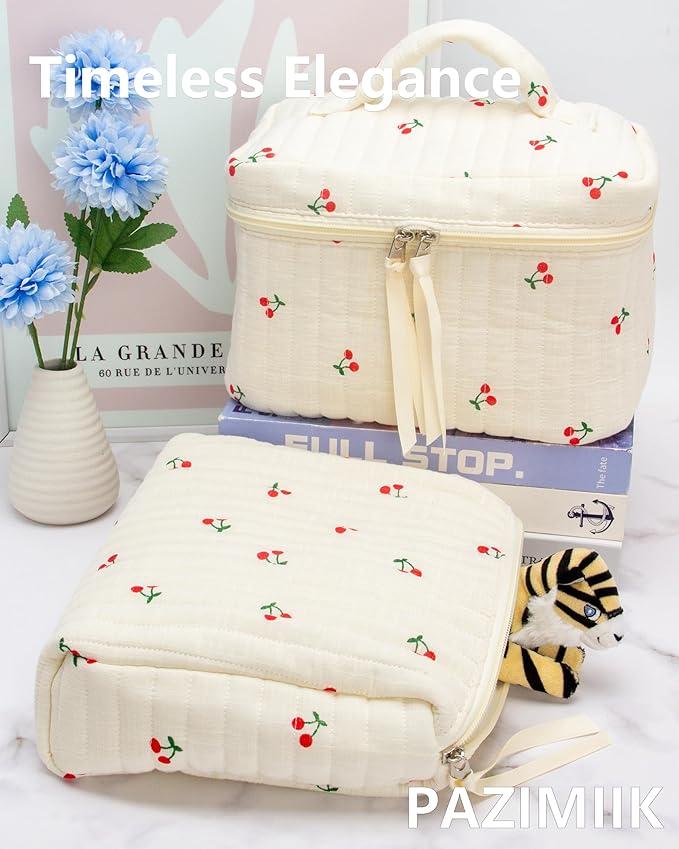Quilted Makeup Bag for Women, Travel Cosmetic&Toiletry Bag,Cherry Beige