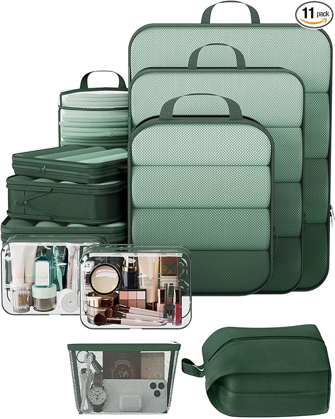 Veken 11 Set Compression Packing Cubes Garment Bags for Travel Essentials,Compressible Expandable Luggage Organizer Bags for Clothing,Space Saver Bags with Over 1000 pcs of Mesh Holes(Dark Green)