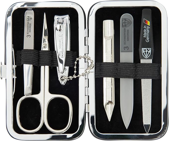 3 Swords Germany - Brand Quality 6 piece Manicure Pedicure Grooming kit Set - Scissors, Metal and Glass Nail File, Clipper, Tweezers with Synthetic Leather case - Brown II