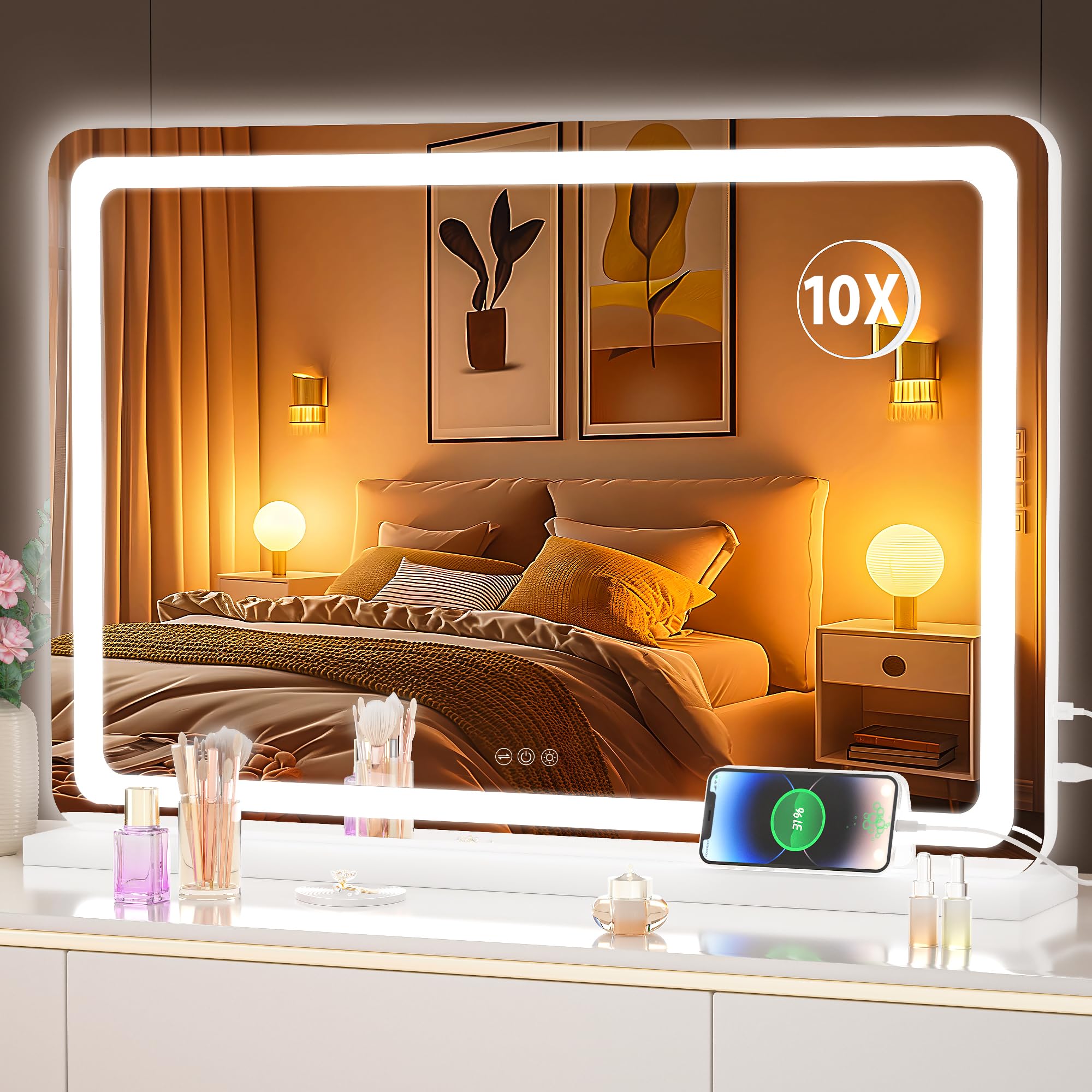 Hasipu Vanity Mirror with Lights, 31.5" x 20" LED Makeup Mirror, Lighted Makeup Mirror with Dimmable 3 Modes, Touch Screen Control Vanity Mirror Round White
