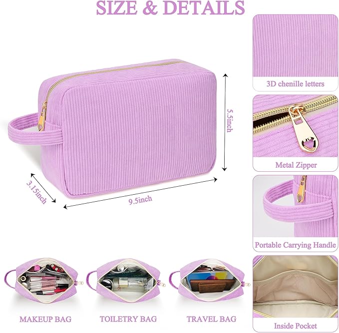 Sernaxi Personalized Initial Makeup Bag Trendy Stuff Corduroy Cosmetic Bag Travel Toiletry Bag, Valentine’s Day Gift Makeup Organizer Case & Makeup Pouch for Women teen Girls Mom Girlfriend Wife