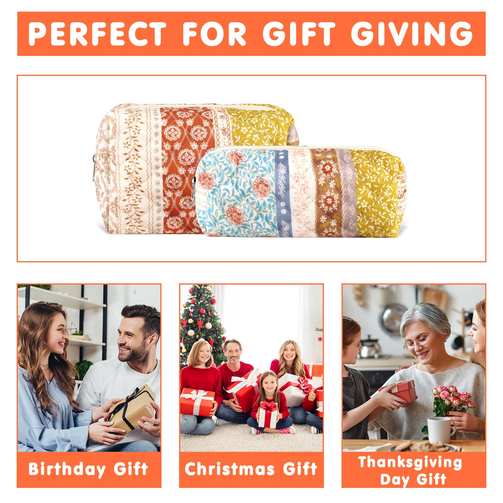 URSKYTOUS 2Pcs Floral Makeup Bag for Women Cotton Quilted Coquette Cosmetic Bag Cute Zipper Mixed Flower Makeup Pouch Aesthetic Portable Pencil Pouch Travel Toiletry Bag Trendy Cloth Skincare Bag