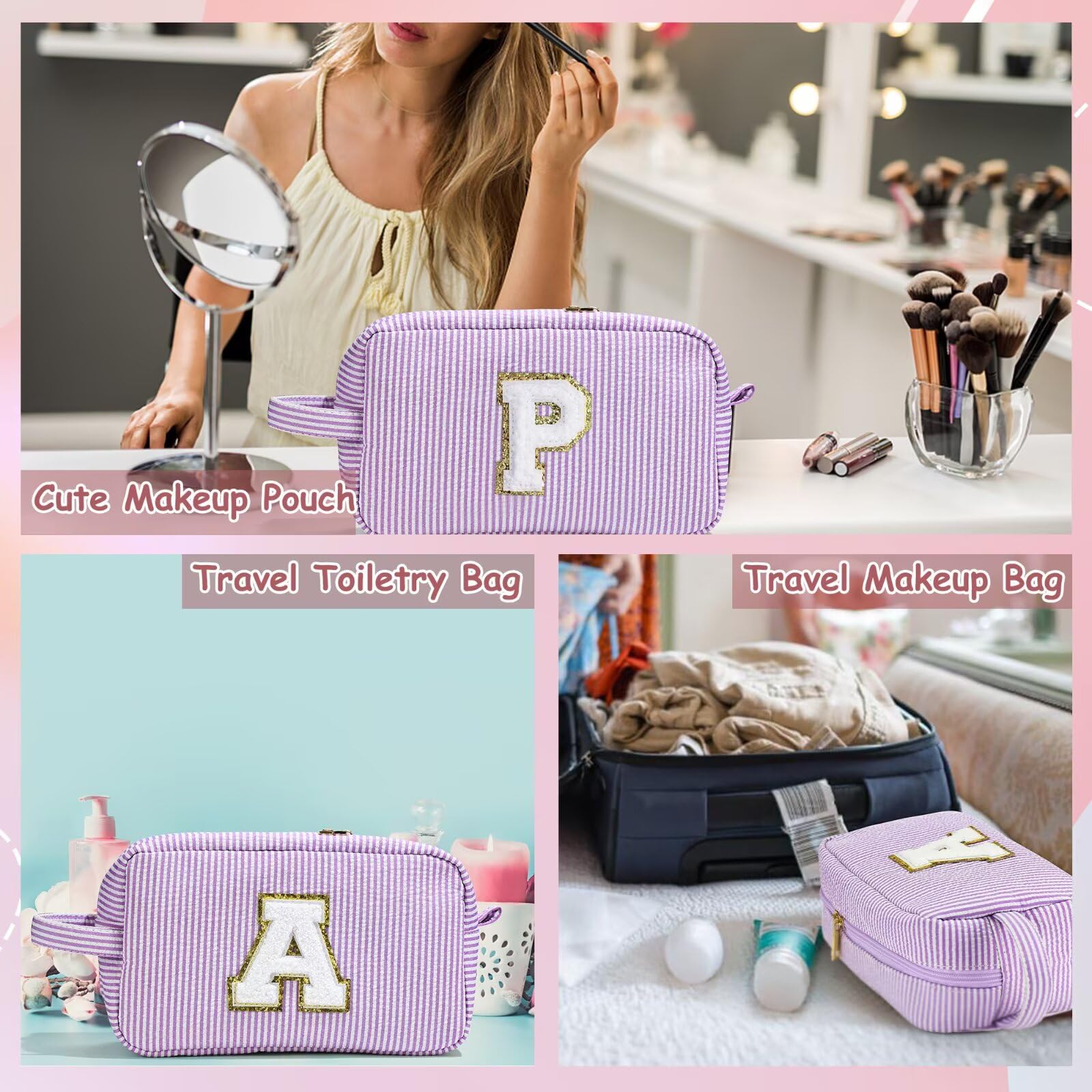 YOOLIFE Birthday Gifts for 6 7 8 9 10 11 12 13 14 15 Year Old Teen Girl - Initial Makeup Bag Letter Toiletry Pouch Cosmetic Case, Personalized Teen Girl Gifts Trendy Stuff, Purple C
