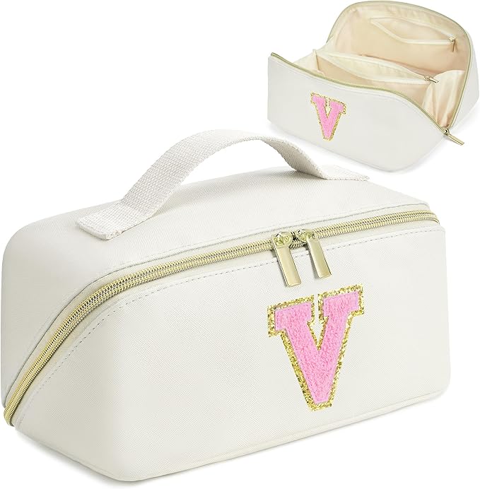 for Valentines Day Gifts, Makeup Bag for Women, PU Leather Travel Toiletry Bags, Initial Make Up Cosmetic Pouch for Teen Girls, Wide Open Portable Skincare Bag, Personalized Birthday Gifts, White V