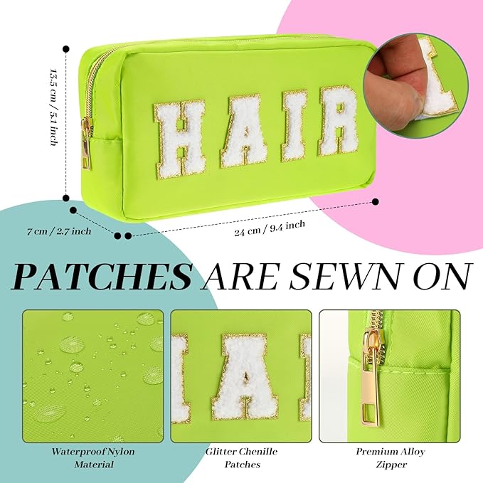 Cunno Preppy Makeup Bags Chenille Letter Stuff Bag Nylon Cosmetic Pouch Cases with Zipper for Women Travel Toiletry(Vibrant Color,Classic,4 Pcs)