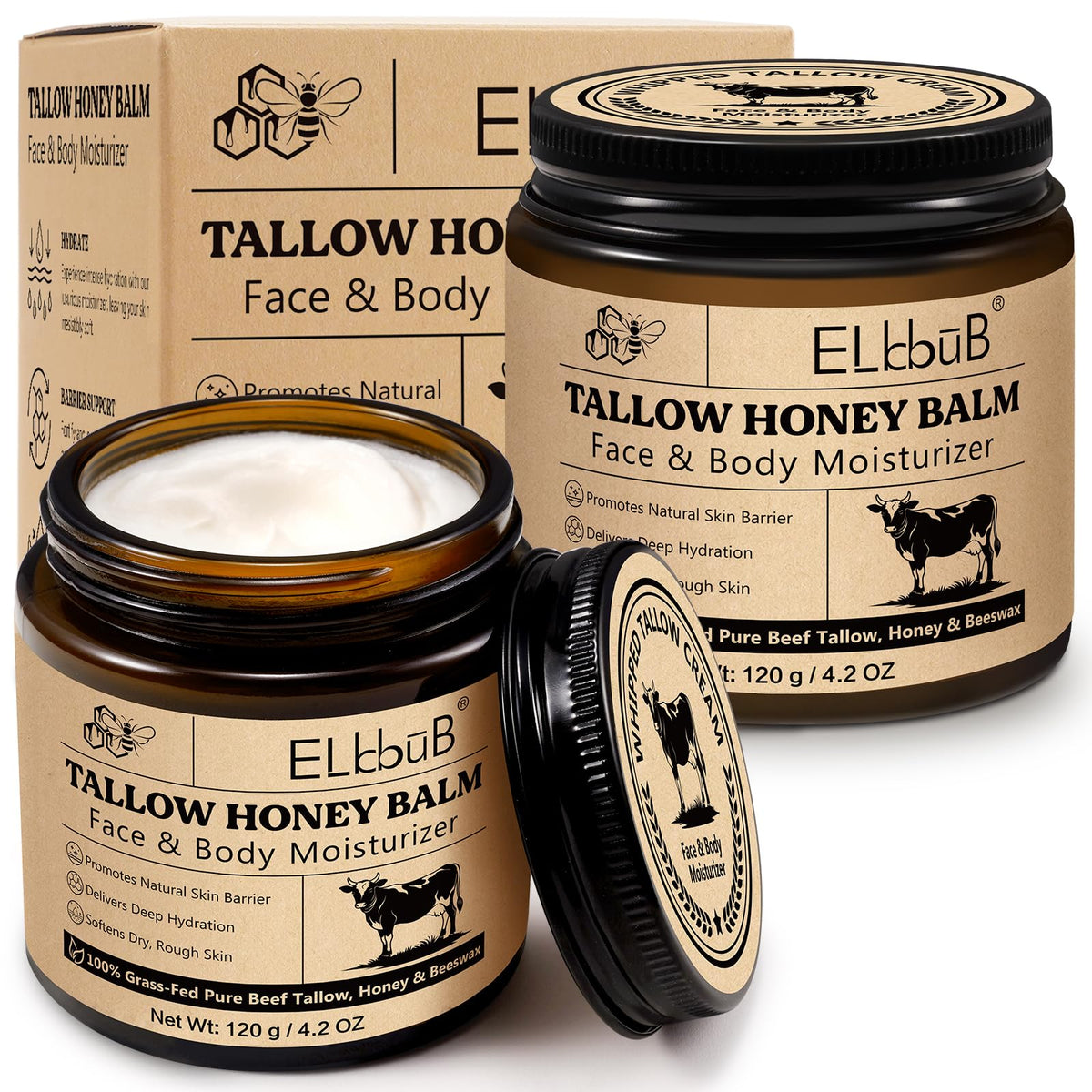 ELBBUB Whipped Tallow Cream for Face & Body - 100% Grass-Fed Beef Tallow, Natural Honey & Beeswax Moisturizer, Deep Hydration & Nourishment, Oil-Free & Unscented, Fast Absorbing