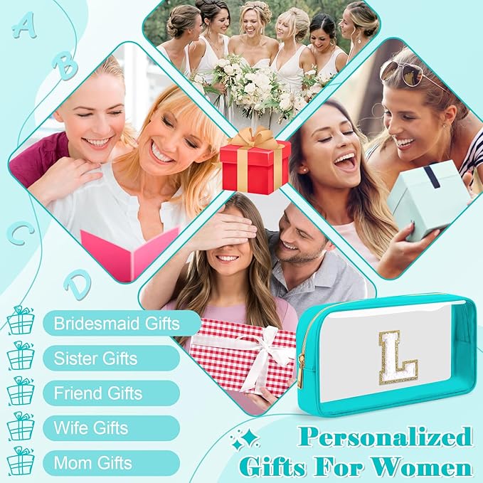 Personalized Initial Letter Clear Makeup Bag,Preppy Small Nylon&PVC Cosmetic Zipper Bag with Chenille Letter,Portable Beach Travel Skincare Toiletry Bag,Trendy Monogram Gift for Teen Girls Women,L
