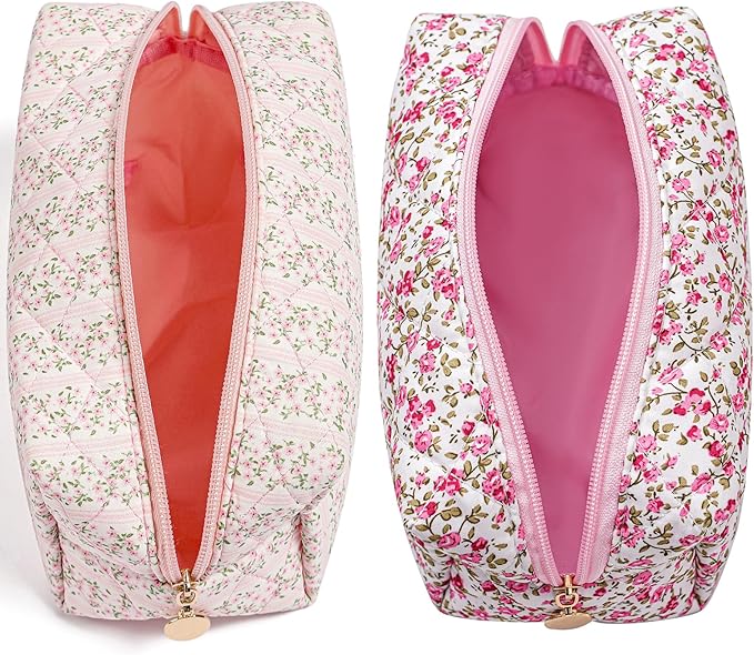 HHQQWZ Makeup Bag Travel Cosmetic Bag for Women Girls, Zipper Make Up Pouch, Floral Flowers Toiletry Organizer Makeup, Portable Storage Cosmetic Travel Cloth Bag (Pink+Flower-Pink)