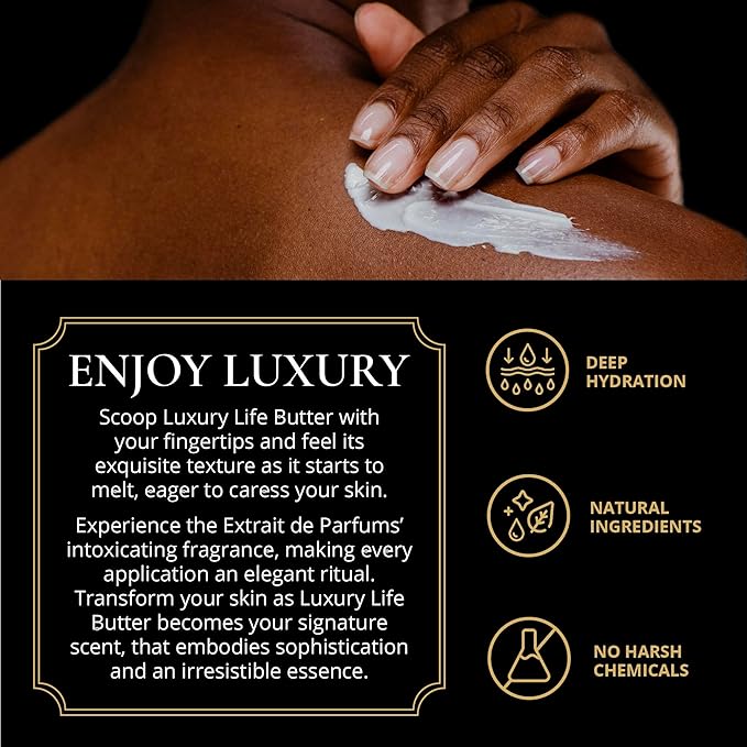 LUXURY LIFE BUTTER - 40% Extrait de Parfum Fragranced Body Butter with Hyaluronic Acid for Ultimate Moisture - Luxurious Room-Filling Natural Fragrances - Non-Greasy, USA Made, Peach Smoke, 5 oz