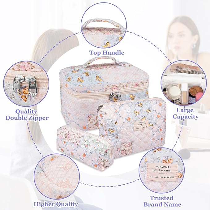 Gosect Makeup Bag Set, Quilted Makeup Bags, Large Floral Cosmetic Bag for Women, Cute Cotton Makeup Bags, Flower Travel Toiletry Organizer Bag (Folk Style)