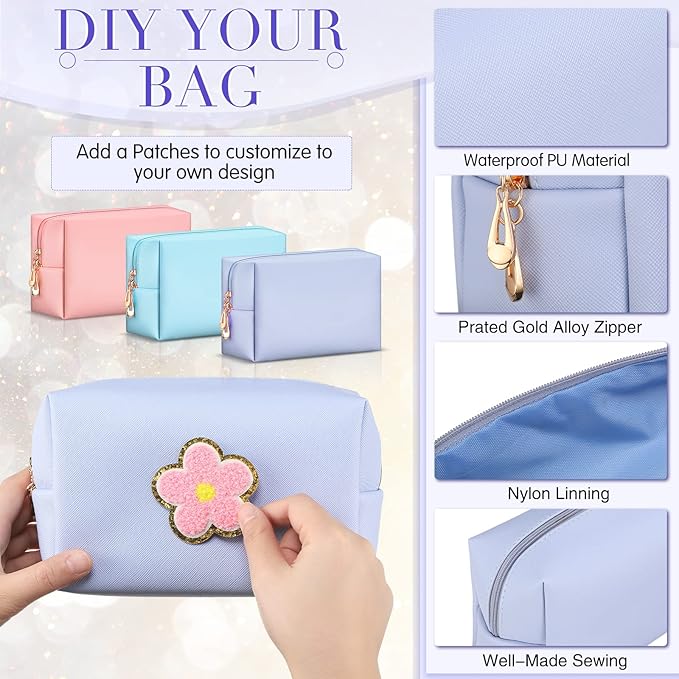 Sanwuta 9 Pcs Makeup Bags Bulk Bridesmaid Proposal Gifts Cosmetic Bags Preppy PU Leather Double Zipper Toiletry Pouch Portable Travel Organizer Case for Women Bachelorette Gift(Pink, Blue, Purple)