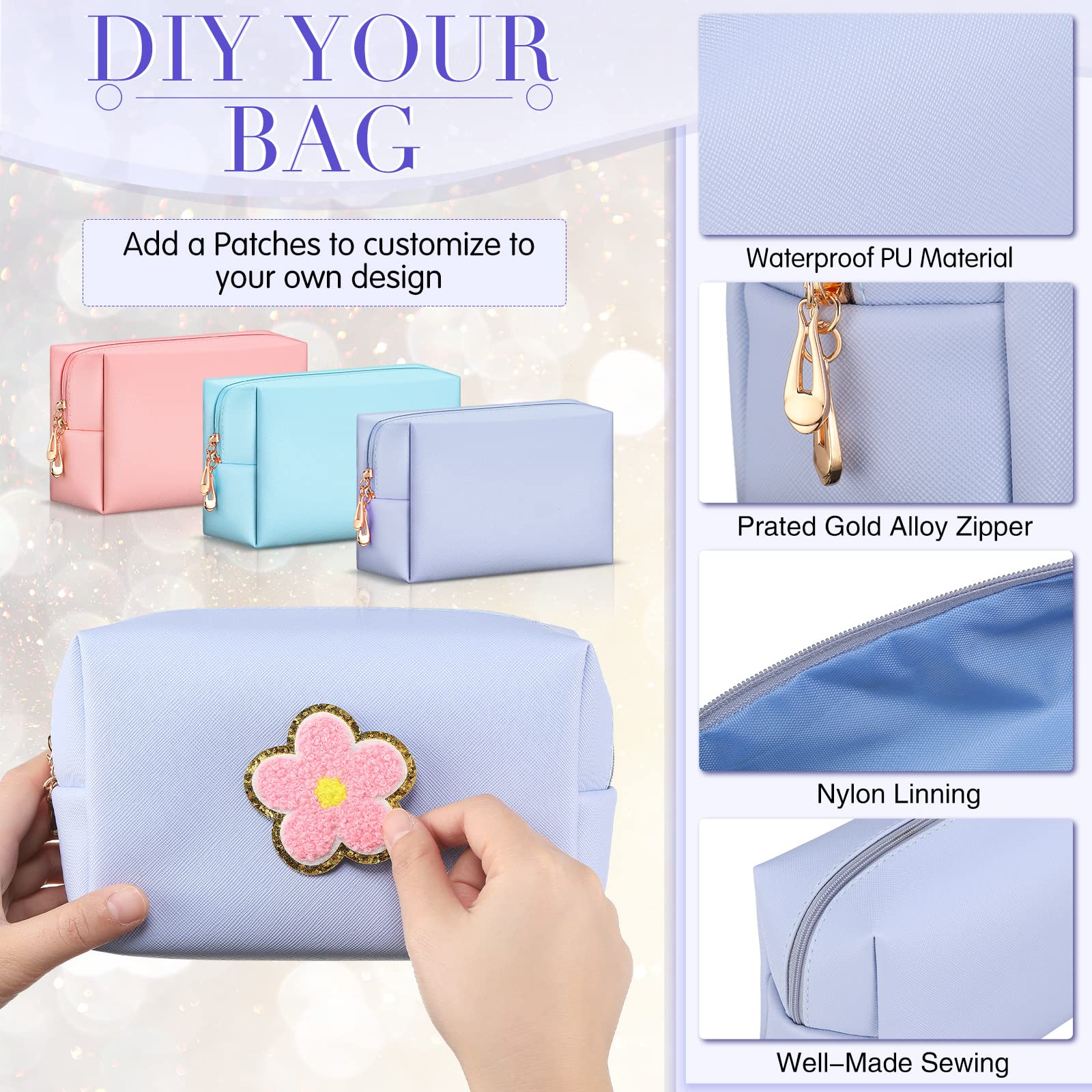 Sanwuta 9 Pcs Makeup Bags Bulk Bridesmaid Proposal Gifts Cosmetic Bags Preppy PU Leather Double Zipper Toiletry Pouch Portable Travel Organizer Case for Women Bachelorette Gift(Pink, Blue, Purple)