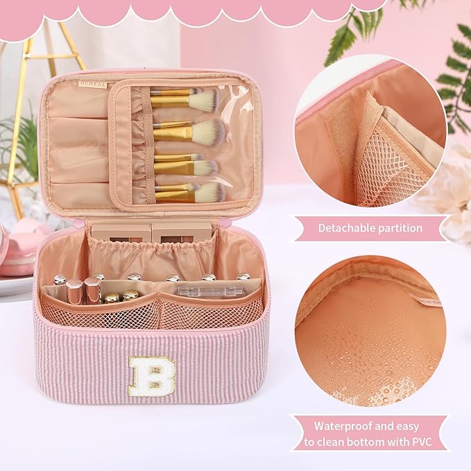 OCHEAL Makeup Bag for Women, Monogram Cosmetic Bag Pink Travel Makeup Case Beauty Toiletry Bag Organizer Personalized Gifts for Girls Bridesmaid, Sister, Wife, Friends Initial B