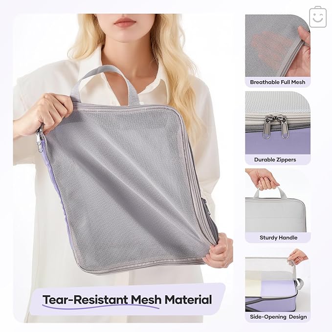 Veken 9/11 Set Compression Packing Cubes Garment Bags for Travel Essentials,Compressible Expandable Luggage Organizer Bags for Clothing,Space Saver Bags with Over 1000 pcs of Mesh Holes(Purple Gray)