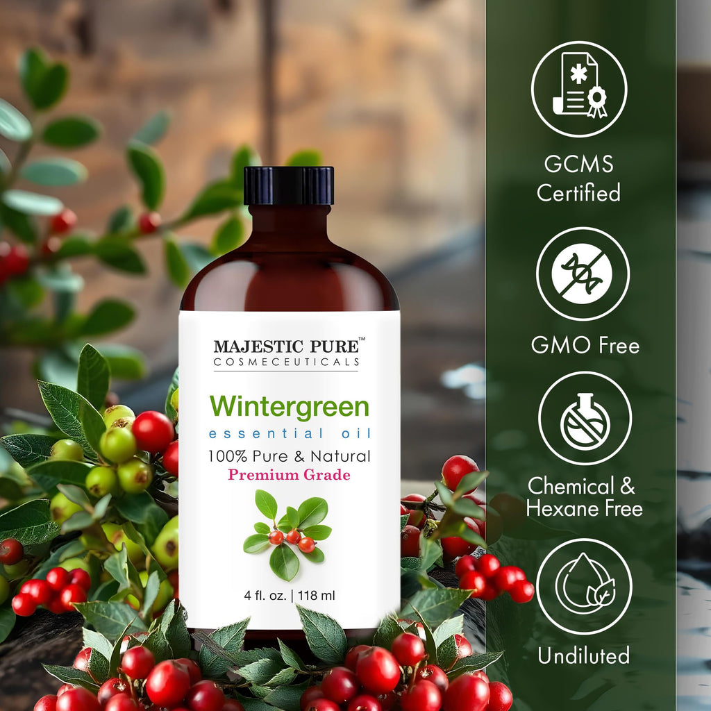 Majestic Pure Essential Oil with Glass Dropper - 100% Pure and Natural - Essential Oils for Diffuser, Aromatherapy, Soap and Candle Making, Wintergreen Essential Oil, Wintergreen Oil, 4 Fl Oz