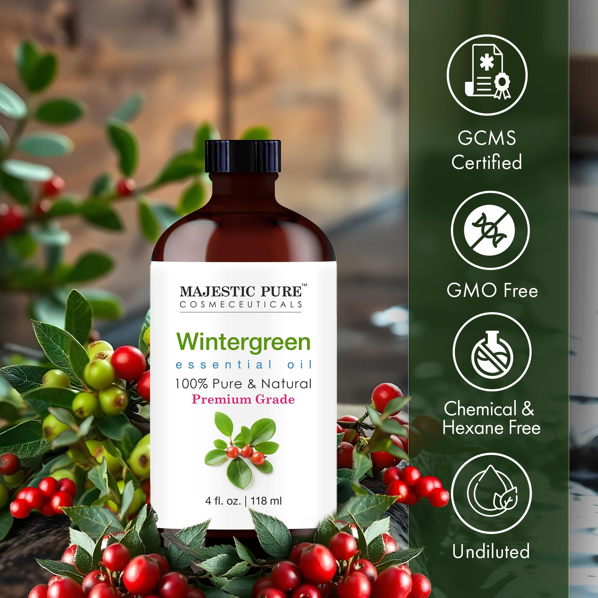 Majestic Pure Essential Oil with Glass Dropper - 100% Pure and Natural - Essential Oils for Diffuser, Aromatherapy, Soap and Candle Making, Wintergreen Essential Oil, Wintergreen Oil, 4 Fl Oz