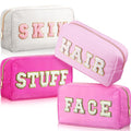Remerry 4 Pcs Nylon Makeup Bags Waterproof Spacious Travel Cosmetic Bag for Women Chenille Letter Preppy Zipper Pouch Face Stuff Skin Hair Organizer Gift(Rose Red, Pink, Light Pink, White)