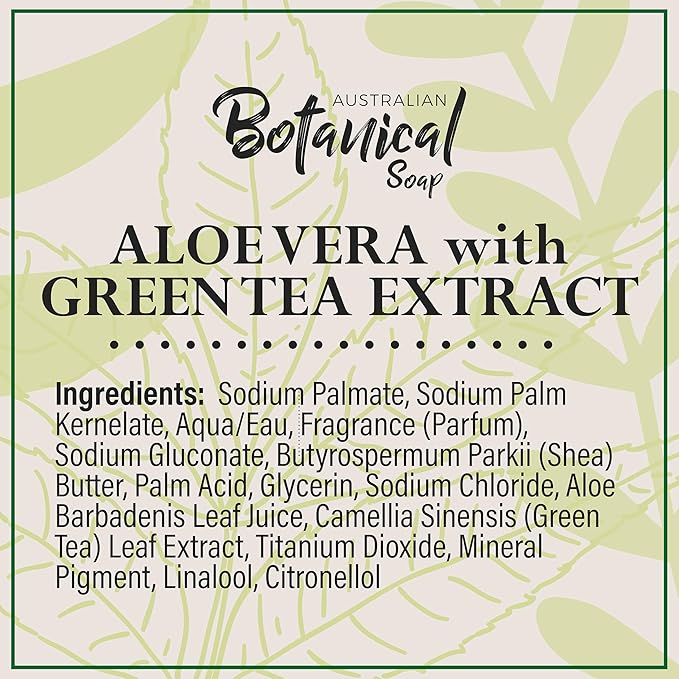 Australian Botanical Soap, 6.6 OZ, Aloe Vera and Green Tea Extract, Triple Milled Bars made with a Natural Soap Base and Enriched with Organic Shea Butter, Pack of 8