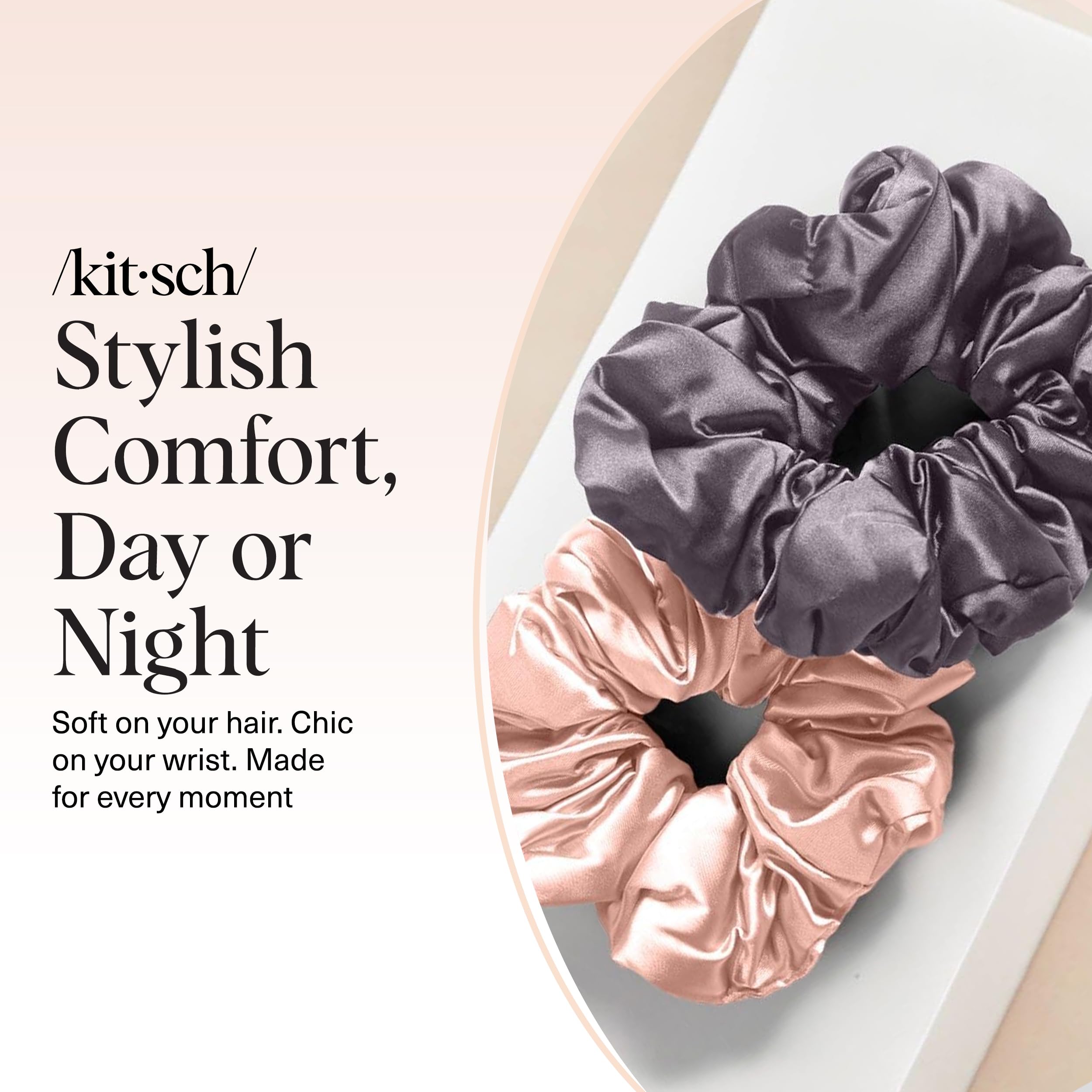 Kitsch Pillow Satin Scrunchies for Women -Blush/Charcoal, 2pcs