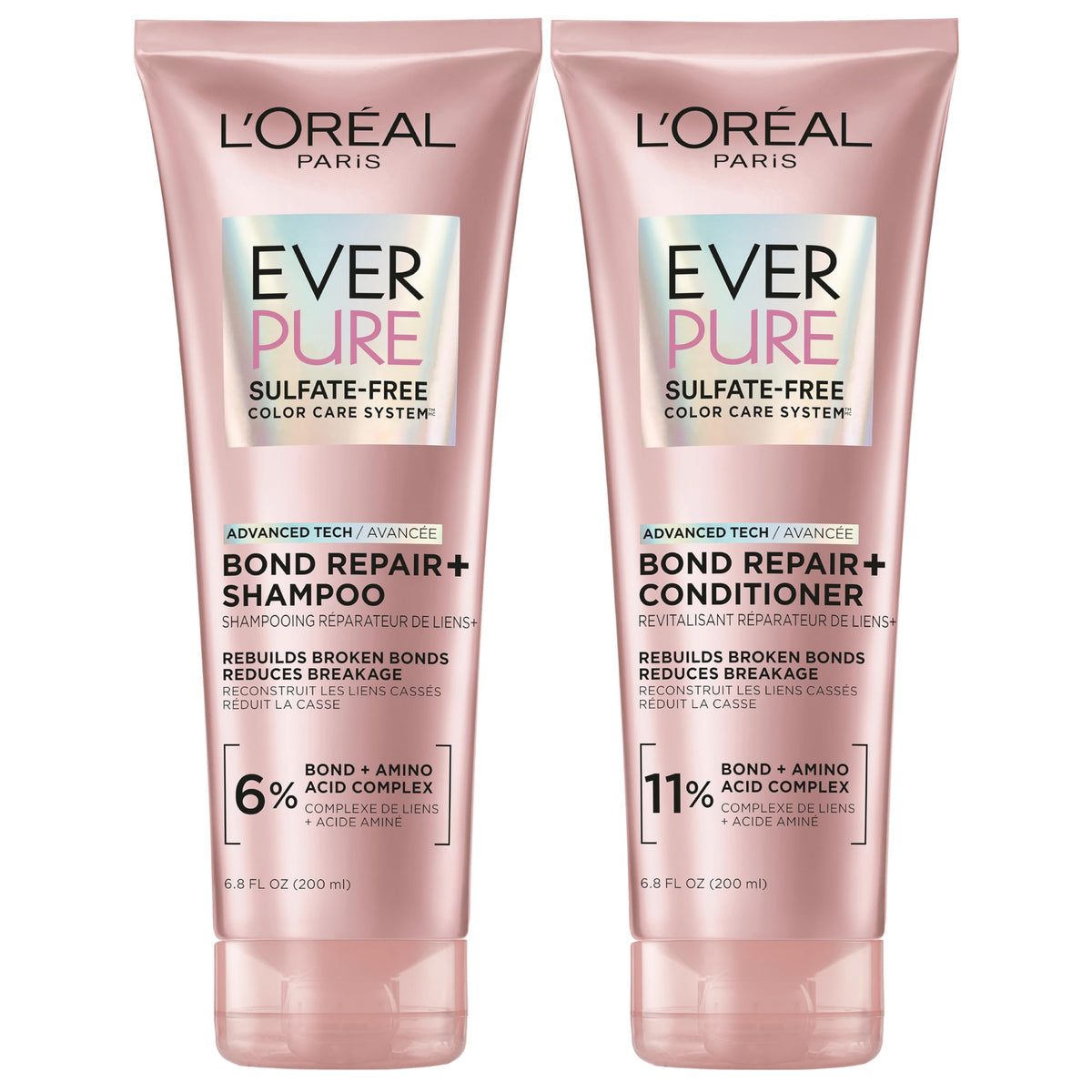 L'Oreal Paris Sulfate Free Bond Repair+ Shampoo and Conditioner Set with Bond + Amino Acid Complex, Strengthens and Repairs Damaged or Color Treated Hair, EverPure, 13.6 Fl Oz Set (Packaging May Vary)