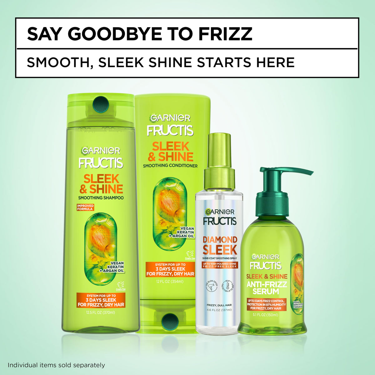 Garnier Fructis Sleek & Shine Shampoo and Conditioner Set with Anti-Frizz Serum for Frizzy Hair, Up to 72H of Frizz Control, Smooths Flyaways & Boosts Shine, 3 Items 29.6 Fl Oz (Packaging May Vary)