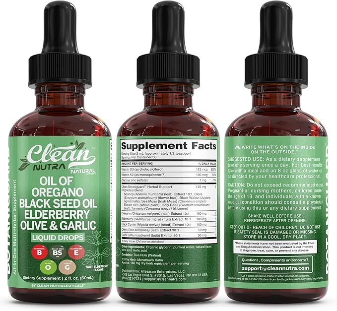 Clean Nutra Oil of Oregano Drops Black Seed Oil Elderberry Vitamin D D3 K2 Olive Garlic Immune Support Supplement Zinc Supplements Liquid 2 Fl Oz Vegan