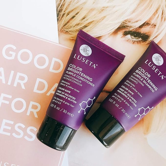 Luseta Color Brightening Purple Travel Shampoo and Conditioner Mini Kit for Blonde, Silver and Gray Hair - Brassiness Neutralizer for Highlighted and Bleached Hair, 2x1.01oz Carry on Friendly