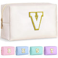 TOPEAST Initial Makeup Bags for Women, Personalized Portable Cosmetic Bag for Travel, Cute Makeup Pouch, PU Leather Waterproof Toiletry Bag, Preppy Things for Girl (Pink V)