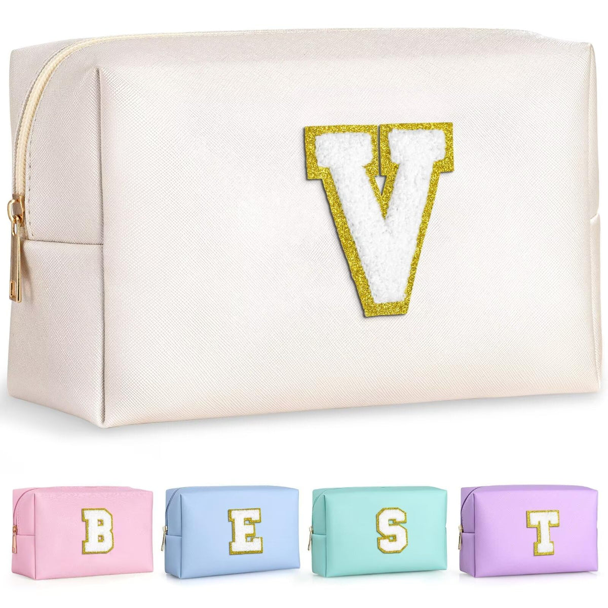 TOPEAST Initial Makeup Bags for Women, Personalized Portable Cosmetic Bag for Travel, Cute Makeup Pouch, PU Leather Waterproof Toiletry Bag, Preppy Things for Girl (Pink V)