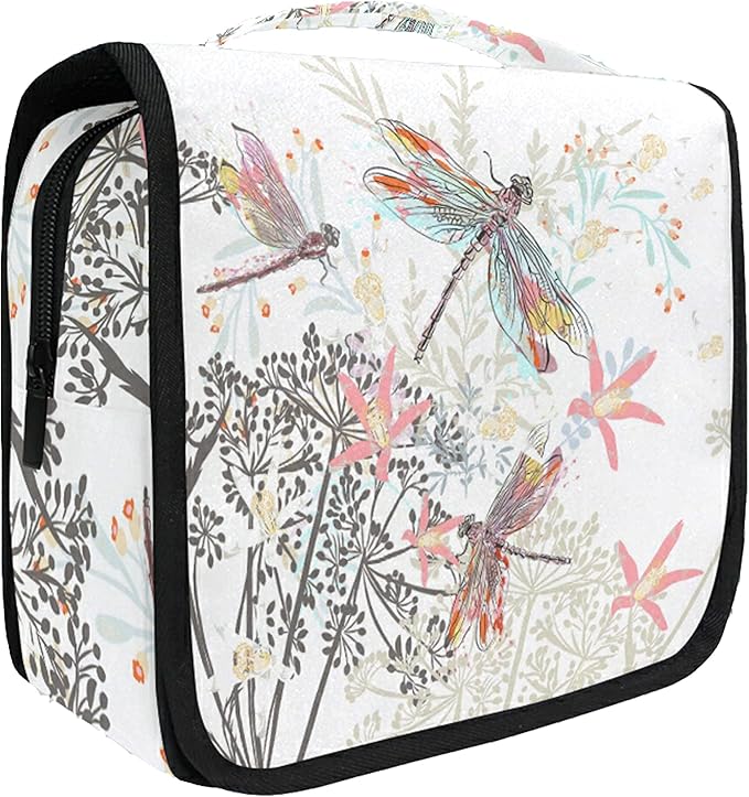 senya Hanging Travel Toiletry Bag Hippo Swimming Kit Makeup Case Cosmetics Organizer for Men Women (Flowers And Dragonfly)