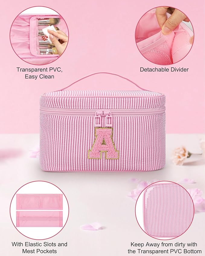 MONSTINA Personalized Initial Makeup Bag| Toiletry Bag for Girls&Women,Make Up Case for Girlfriend Bridesmaid Wife,Birthday Gift for Her Cute,2PCS,Pink C