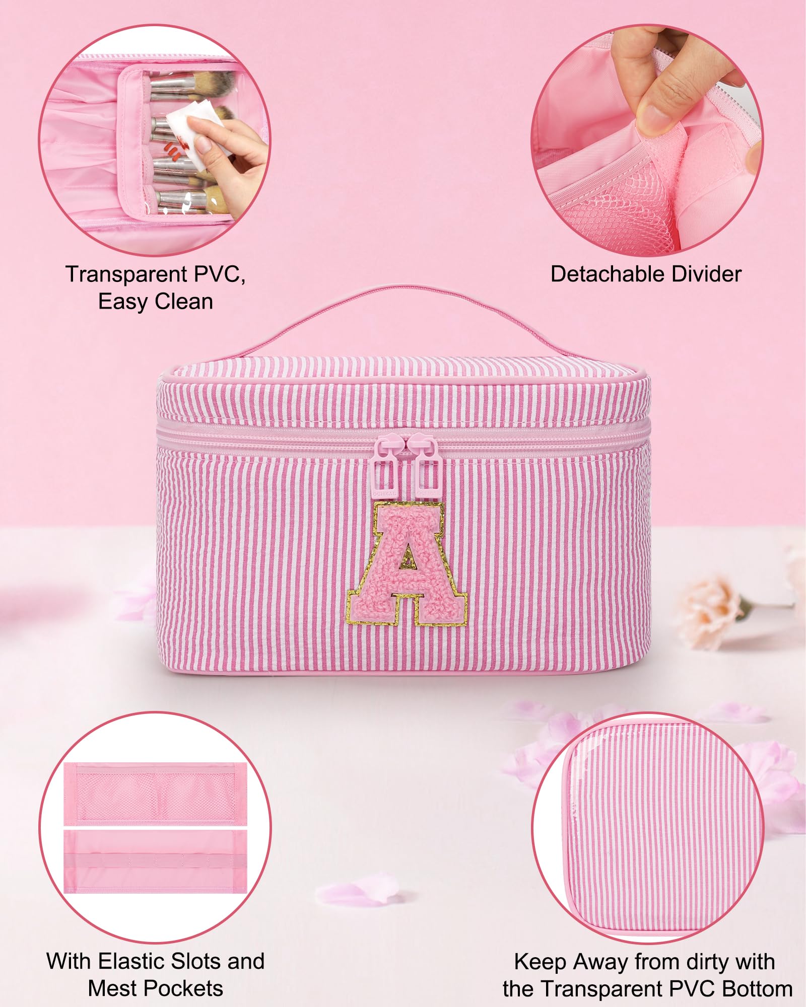 MONSTINA Personalized Initial Makeup Bag Set for Girls&Women,Personalized Make Up Case for Girlfriend Graduation Teacher Gifts,Cute Toiletry Bag Preppy Chenille Letter Patch,2PCS,Pink V