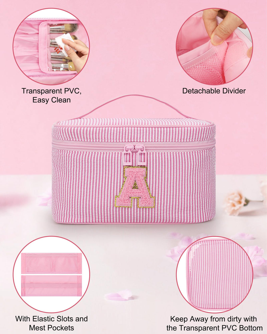 MONSTINA Personalized Initial Makeup Bag,Valentine's Gifts for Women,Make Up Case for Girlfriend Bridesmaid Wife,Birthday Gift for Her Cute Toiletry Bag,2PCS,Pink L