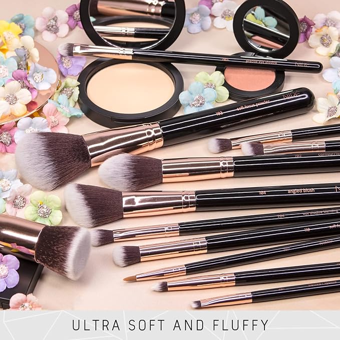Niré Beauty Professional Makeup Brush Set, 15 Piece Black & Rose Gold